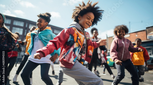 Joyful children dancing with energy in an urban setting