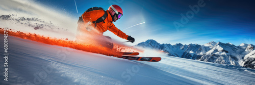 Epic Winter Adventure: Skier Shredding Down Slope with  orange Smoke Bomb, extreme athlete dynamique background, extreme sport in winter, panorama wallpaper  photo