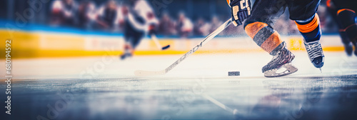 close up of an ice hockey field, panoramic sport banner, Hockey Player Gliding Across the Icy Rink on a Frozen Arena