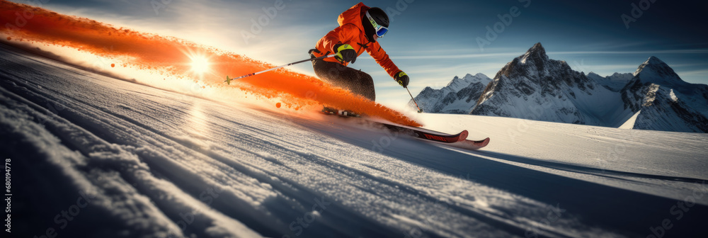 Dangerous Ski Descent at Sunset: A Thrilling Man Riding Skis Down a Snow Covered Slope with an Orange Smoke Bomb, panorama sport banner - obrazy, fototapety, plakaty 