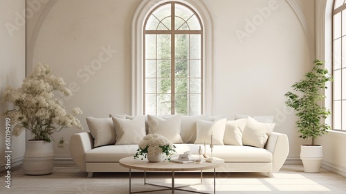 Visualize a minimalist living space featuring a comfortable curved sofa against the backdrop of an elegant arched window. The beige walls create a calming ambiance,