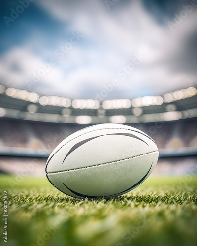 Rugby Ball mockup on a Vibrant Green Field in stadium, Captivating Graphic Resources, Essence of the Sport concept 