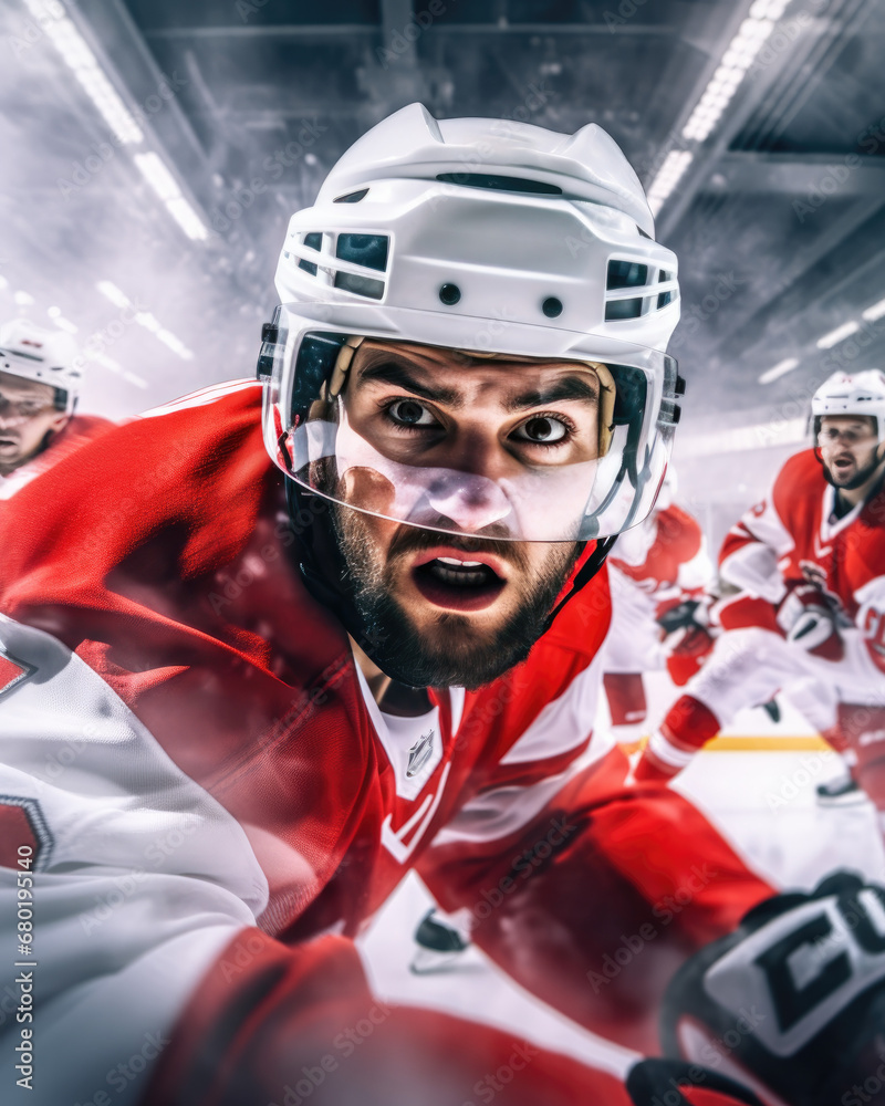 The Fierce Warrior on Ice: A Closeup Portrait of a Hockey Player in a Red Jersey The Fierce Warrior on Ice: A Closeup Portrait of a Hockey Player in a Red Jersey