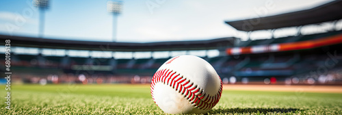 baseball stadium with a baseball ball resting on the center of a panorama image, design banner for your text photo