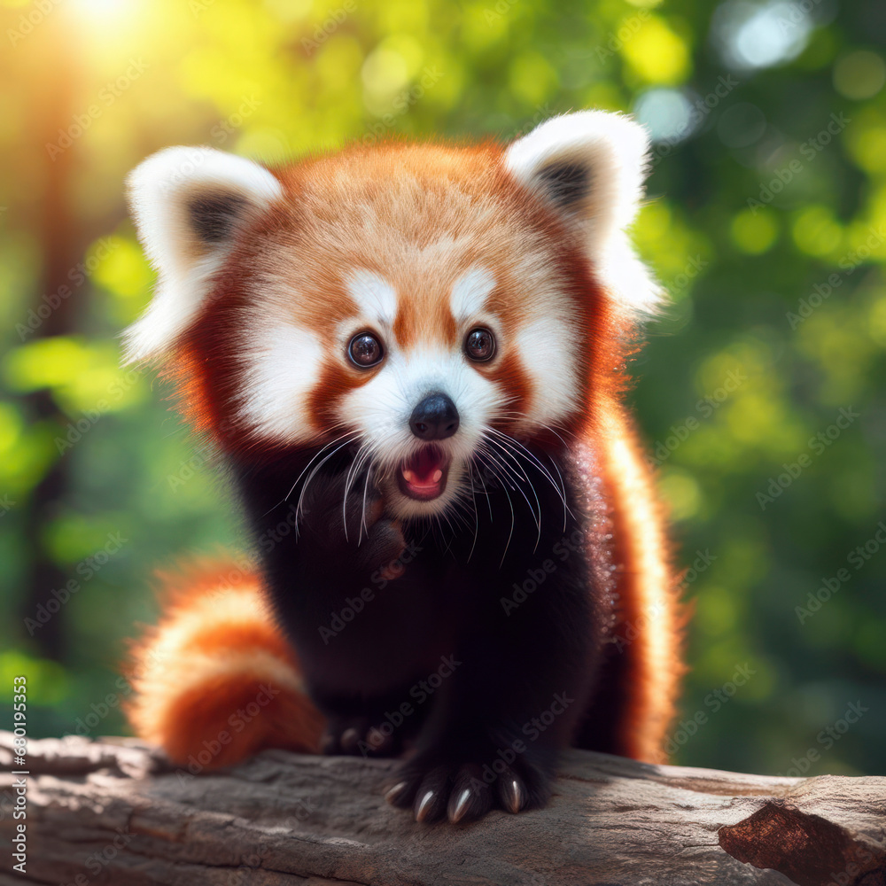 Fototapeta premium Photo of a Shocked real red panda on nature bokeh background. ai generative