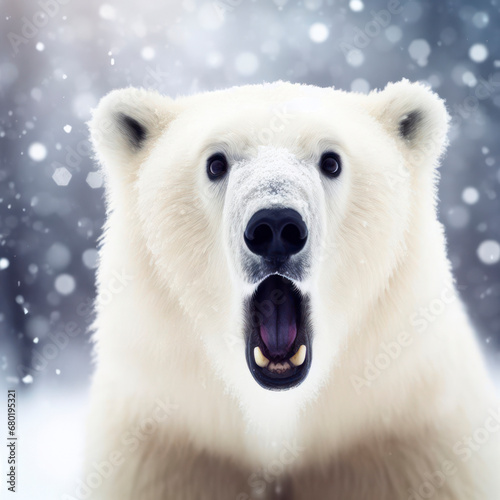 Photo of a Shocked real polar bear on nature snowy bokeh background. ai generative
