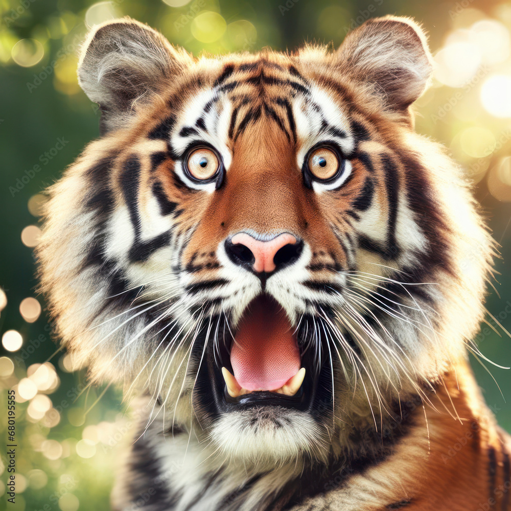 Fototapeta premium Photo of a Shocked real tiger on nature bokeh background. ai generative
