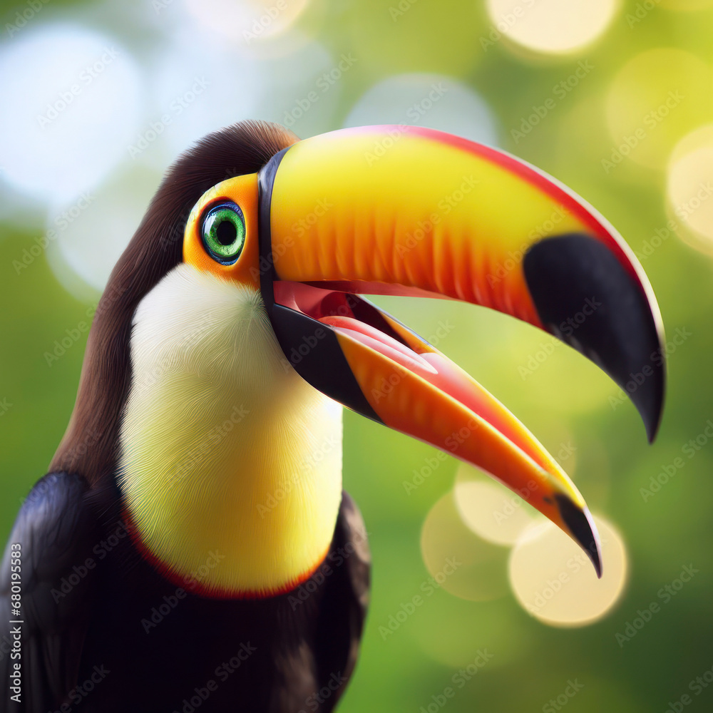 Photo of a Shocked real toucan on nature bokeh background. ai generative Photo of a Shocked real toucan on nature bokeh background. ai generative