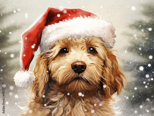 Adorable dog in a Santa hat amidst a snowy backdrop, capturing the essence of Christmas spirit