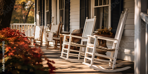 Rocking chairs on the front porch of a home, hospital front in flowers against white wall and door background 