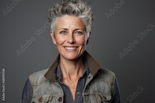 Portrait of a glad woman in her 50s wearing a rugged jean vest against a soft gray background. AI Generation