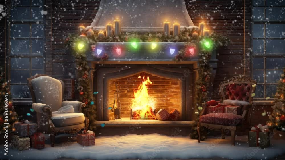 fireplace with christmas decorations. seamless looping time-lapse virtual video animation background. fireplace with christmas decorations. seamless looping time-lapse virtual video animation background.