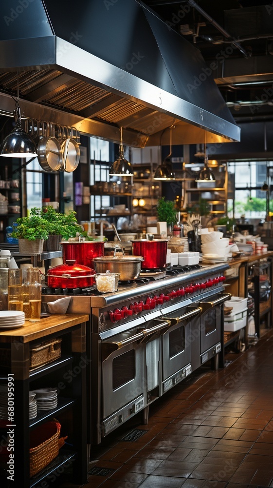 Interior of a restaurant kitchen featuring equipment .