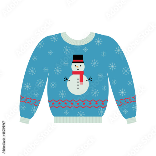 Vector sweater for Christmas party. Warm knitted jumpers with snowflakes, snowmen, Santa, candy cane, and deer ornament. Isolated. Happy New Year