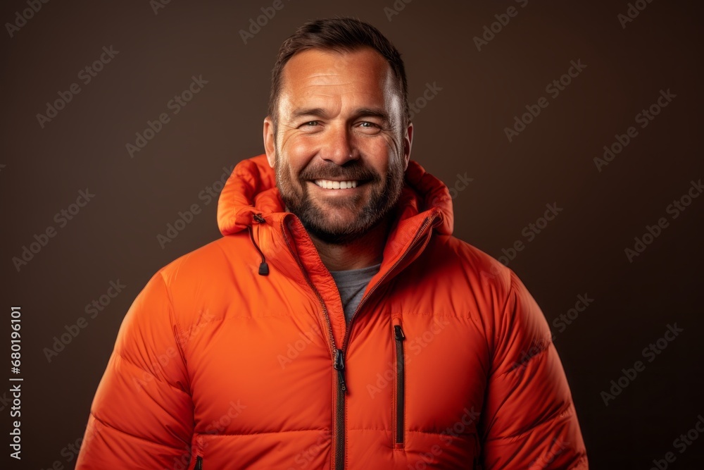 Portrait of a smiling man in his 40s donning a durable down jacket against a soft brown background. AI Generation Portrait of a smiling man in his 40s donning a durable down jacket against a soft brown background. AI Generation