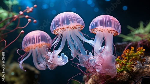 In an aquarium with blue lighting, Rhizostoma pulmo, also referred to as barrel jellyfish. © tongpatong