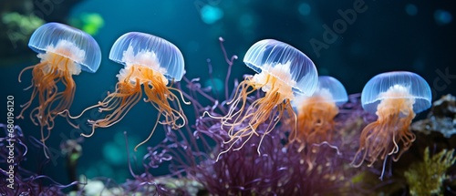 In an aquarium with blue lighting, Rhizostoma pulmo, also referred to as barrel jellyfish.
