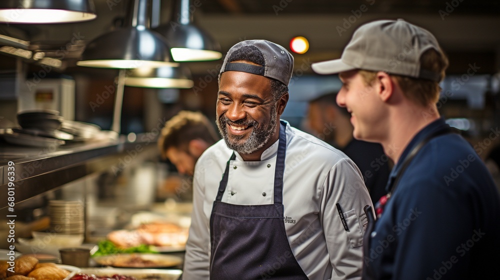 In the commercial kitchen, three multiracial chefs converse.. In the commercial kitchen, three multiracial chefs converse..