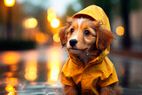 Sad puppy in a raincoat on the rainy day on the autumn street.