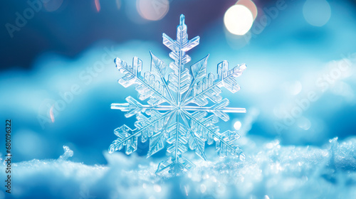 Snowflake on a blue background. Snowflake close-up.The concept of winter, cold, beauty of nature. © graja