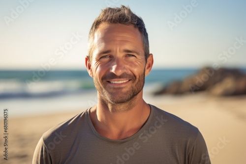 Portrait of a grinning man in his 30s dressed in a casual t-shirt against a sandy beach background. AI Generation