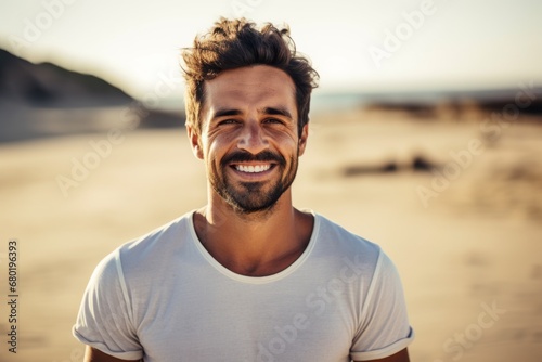 Portrait of a grinning man in his 30s dressed in a casual t-shirt against a sandy beach background. AI Generation