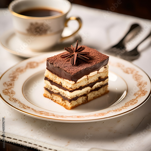 Tiramisu Dessert on Dark Wooden Table with Coffee Cup in Background