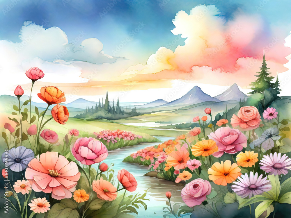 Watercolor summer idyllic landscape, fields and meadows full of flowers, children story book style  illustration.