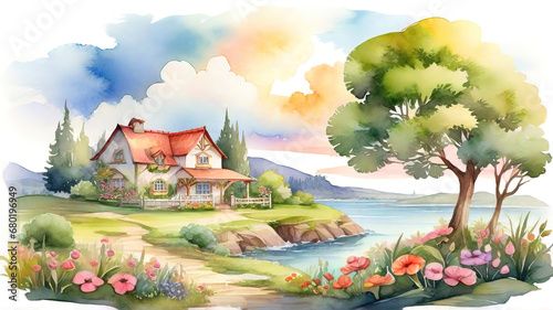 Watercolor summer idyllic landscape, fields and meadows full of flowers, children story book style illustration.