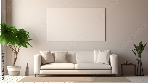 A white empty blank frame hanging on a beige wall in a minimalist living room with a single sofa and a small coffee table.