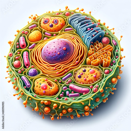 A high-resolution image of a typical human cell, indicating the nucleus, mitochondria, endoplasmic reticulum, ribosomes, and Golgi apparatus, annotated for a biology class. photo