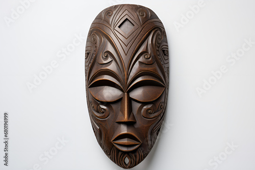 Dark Brown Wooden Mask in Traditional Carving Against a White Background