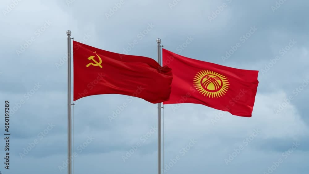 Kyrgyzstan flag and Soviet Union or USSR flag waving together on cloudy sky, endless seamless loop, two country relations concept Kyrgyzstan flag and Soviet Union or USSR flag waving together on cloudy sky, endless seamless loop, two country relations concept
