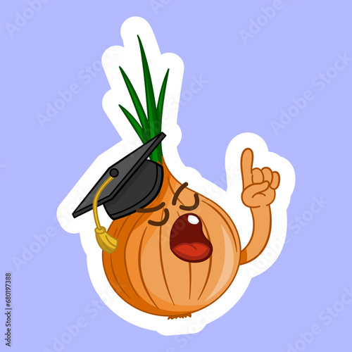 Sticker design Onion in Graduation Cap Speaks. Funny Character Sticker for Kids. Vector illustration