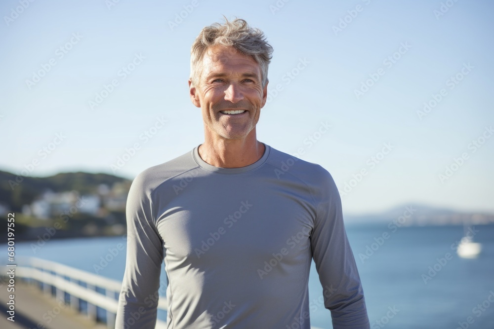 Portrait of a glad man in his 50s wearing a moisture-wicking running shirt against a serene seaside background. AI Generation Portrait of a glad man in his 50s wearing a moisture-wicking running shirt against a serene seaside background. AI Generation