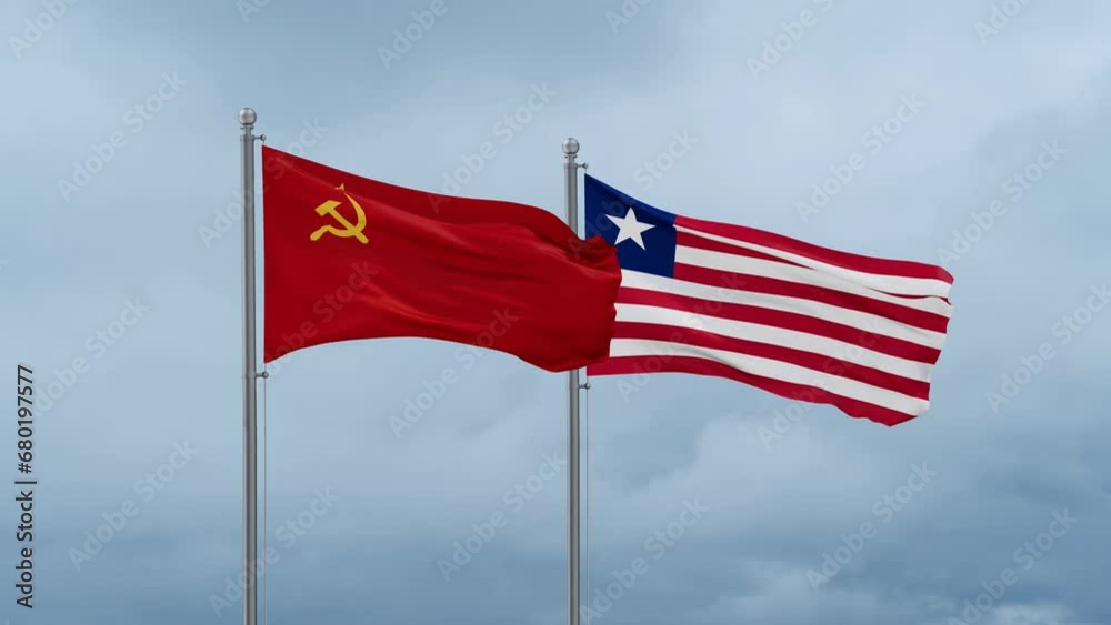 Liberia and Soviet Union or USSR flag waving together on cloudy sky, endless seamless loop, two country cooperation concept Liberia and Soviet Union or USSR flag waving together on cloudy sky, endless seamless loop, two country cooperation concept