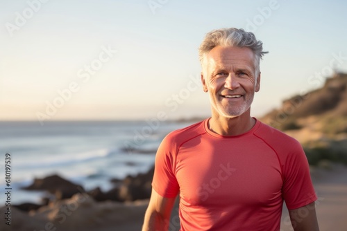 Portrait of a glad man in his 50s wearing a moisture-wicking running shirt against a serene seaside background. AI Generation