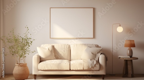 A white frame hanging on a wall in a cozy living room with soft lighting, a beige sofa, and a small wooden side table.