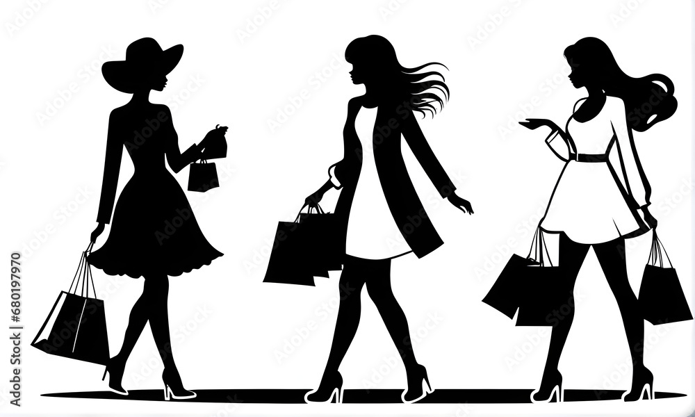Shoppers in black silhouettes. 2D. illustration. Generative AI