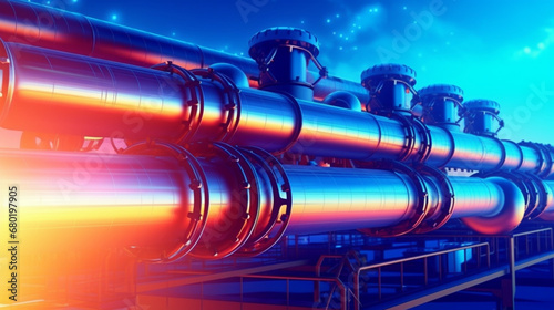 Large oil pipeline and gas,Industry pipeline transport petrochemical, gas and oil processing, furnace factory line, rack of heat chemical manufacturing, equipment steel pipes plant