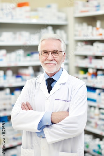 Professional Male pharmacist Wearing white medical Lab Coat in pharmacy. Druggist in Drugstore Store with Shelves Health Care Products