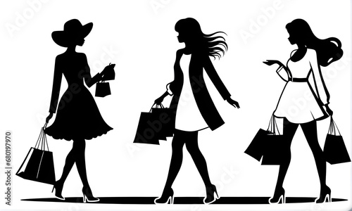 Shoppers in black silhouettes. 2D. illustration. Generative AI
