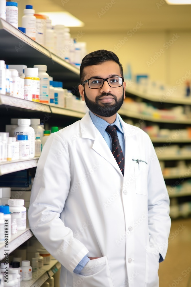 Professional Male pharmacist Wearing white medical Lab Coat in pharmacy. Druggist in Drugstore Store with Shelves Health Care Products