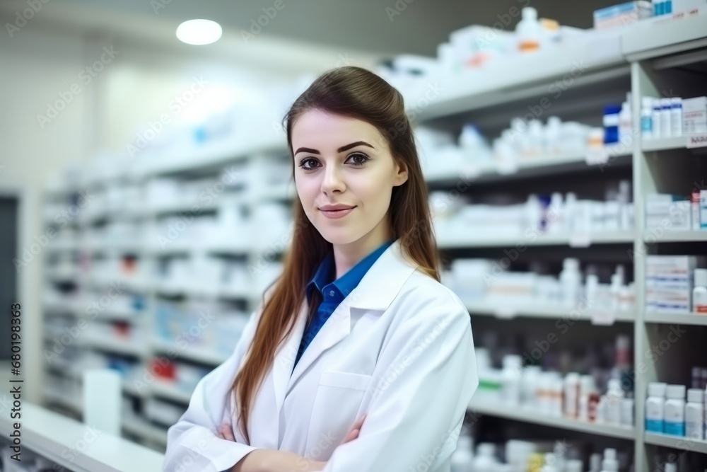 Professional Female pharmacist Wearing white medical Lab Coat in pharmacy. Druggist in Drugstore Store with Shelves Health Care Products Professional Female pharmacist Wearing white medical Lab Coat in pharmacy. Druggist in Drugstore Store with Shelves Health Care Products