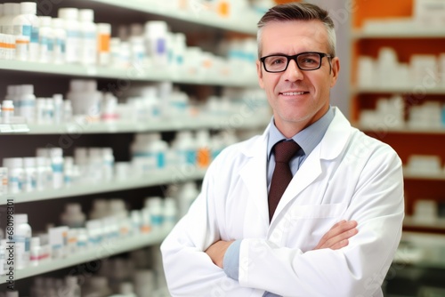 Professional Male pharmacist Wearing white medical Lab Coat in pharmacy. Druggist in Drugstore Store with Shelves Health Care Products