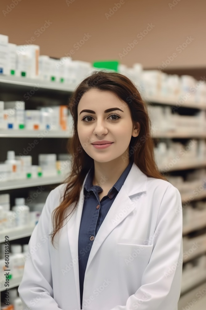Professional Female pharmacist Wearing white medical Lab Coat in pharmacy. Druggist in Drugstore Store with Shelves Health Care Products