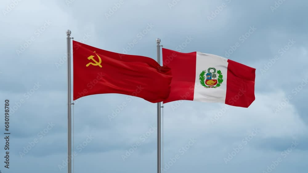 Peru and Soviet Union or USSR flag waving together on cloudy sky, endless seamless loop, two country cooperation concept Peru and Soviet Union or USSR flag waving together on cloudy sky, endless seamless loop, two country cooperation concept