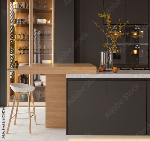 Modern kitchen interior in black colors. 3d render	