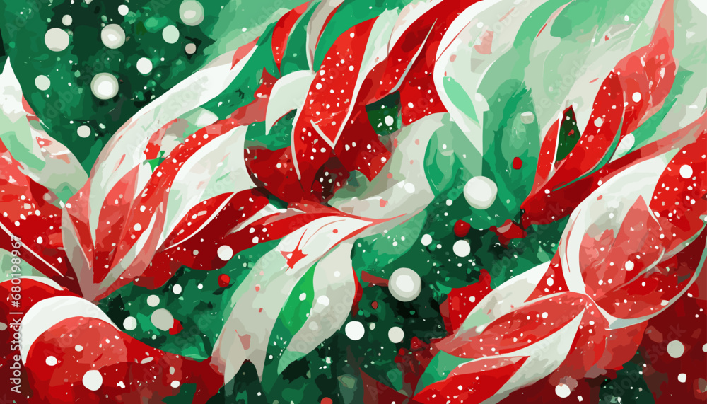 Playful and whimsical Christmas abstract backdrop, with a joyful fusion of peppermint reds, snowy whites, and festive greens.