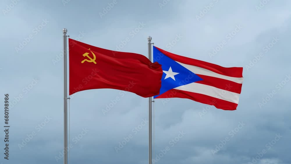 Puerto Rico and Soviet Union or USSR flag waving together on cloudy sky, endless seamless loop, two country cooperation concept Puerto Rico and Soviet Union or USSR flag waving together on cloudy sky, endless seamless loop, two country cooperation concept